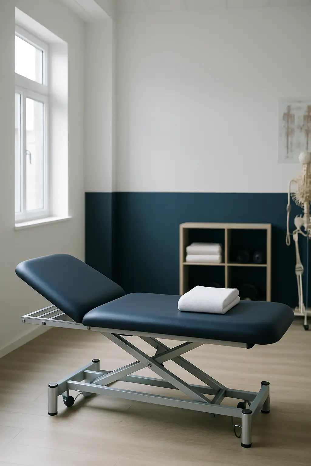 A navy physiotherapy treatment table beside a bright window