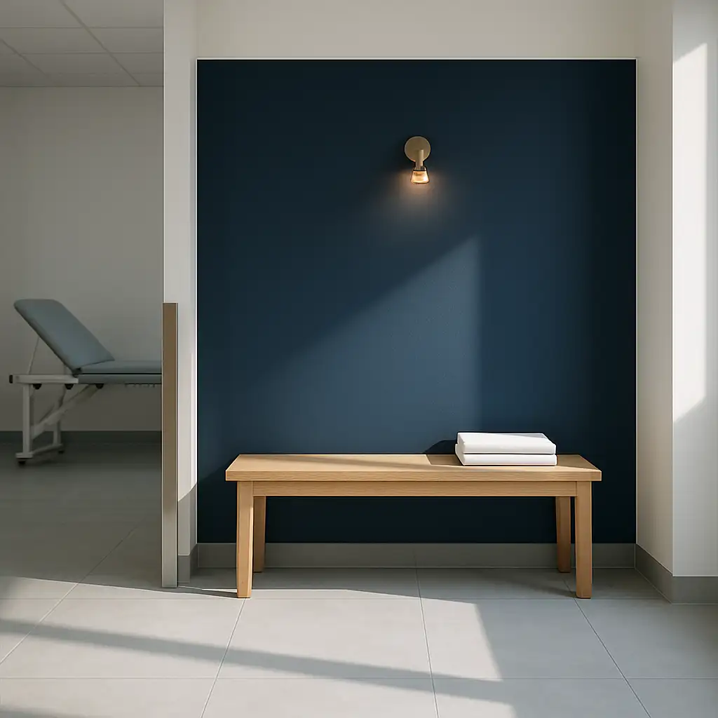 A pale oak bench and brass wall light against a navy feature wall