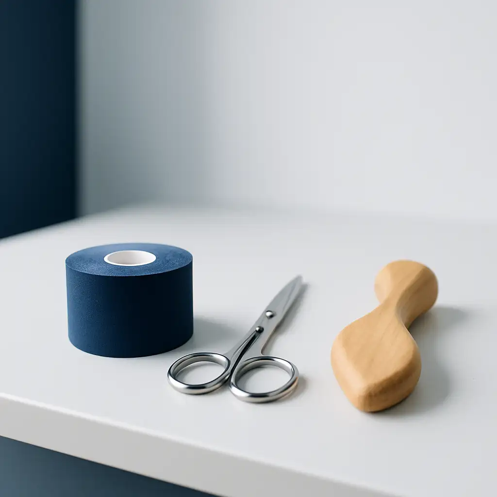 Navy kinesiology tape, steel scissors and an oak massage tool on a counter